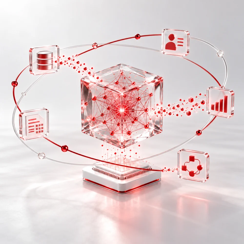 Red neural network cube connecting data, insights and automation