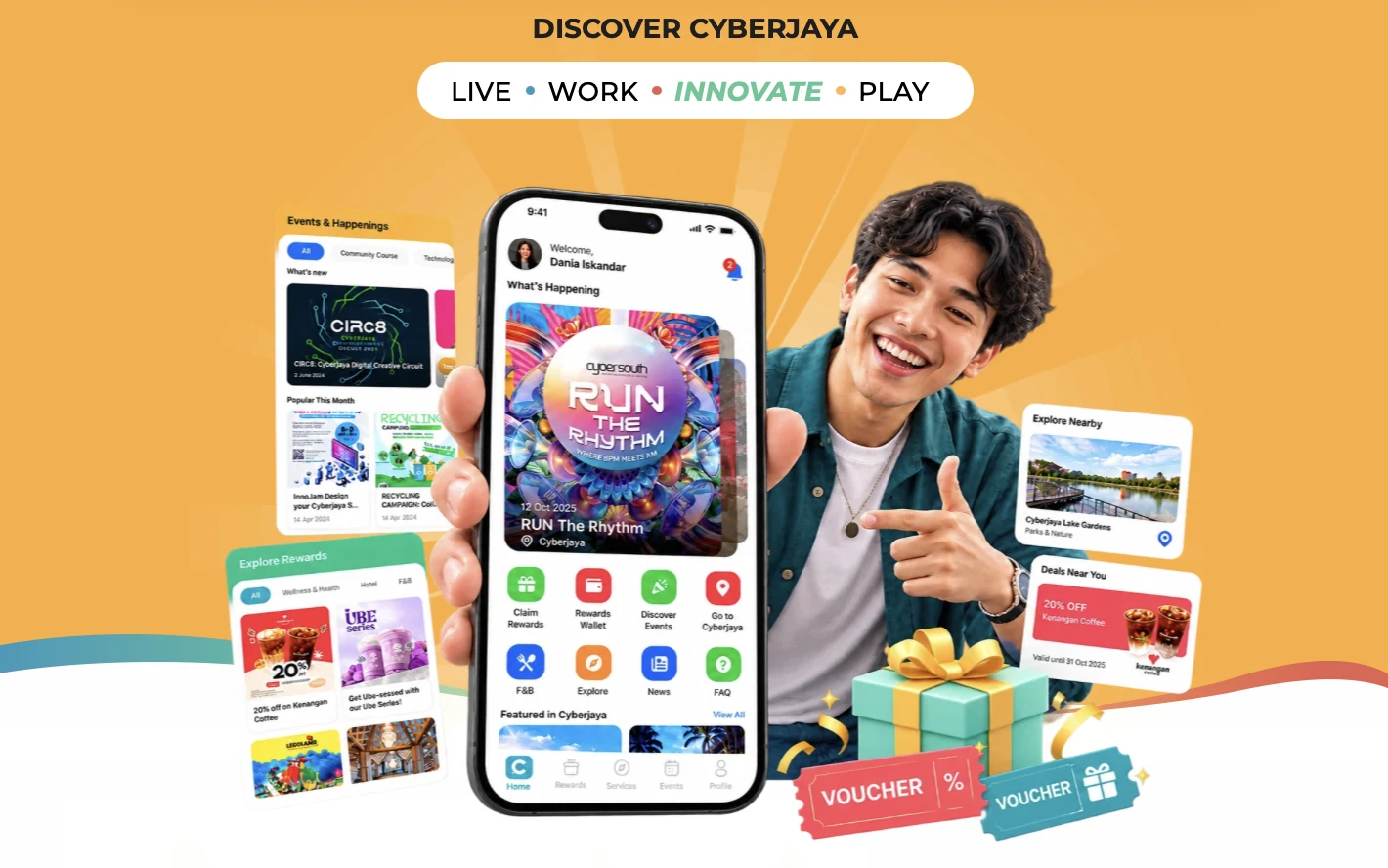 Smart City App Solution app showing community events, rewards, local deals and places to explore
