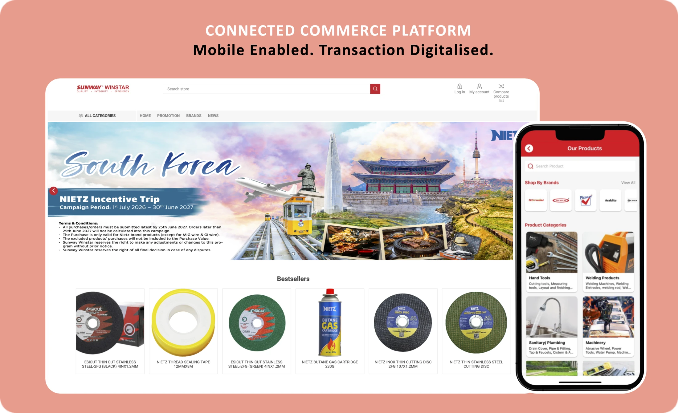 Sunway Winstar connected commerce platform showing a web product catalogue and mobile app with product categories
