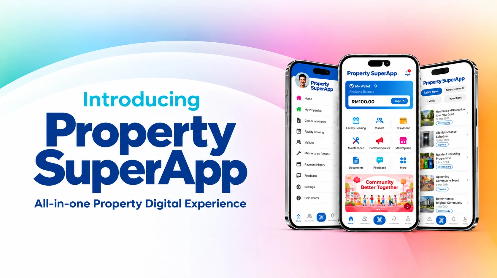 Property SuperApp smart community platform showing a mobile app for facility booking, payments, maintenance and community services