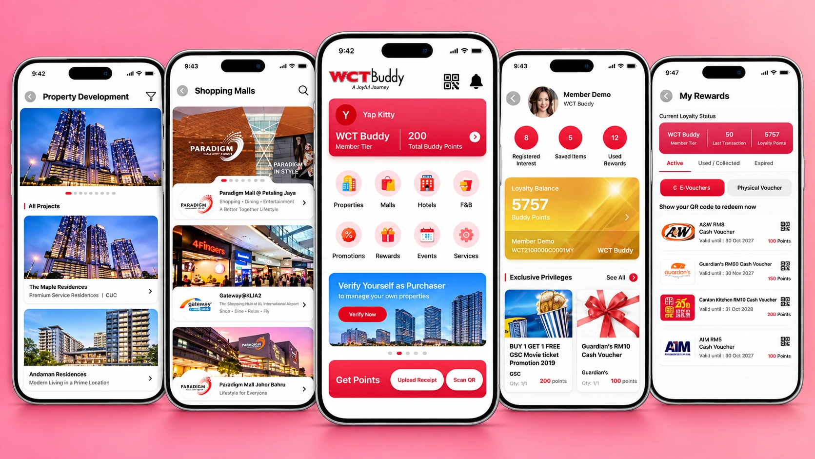 Redesigned WCT Buddy app visual showing property listings, mall directory, member points, receipt upload, QR scanning, rewards and redemption